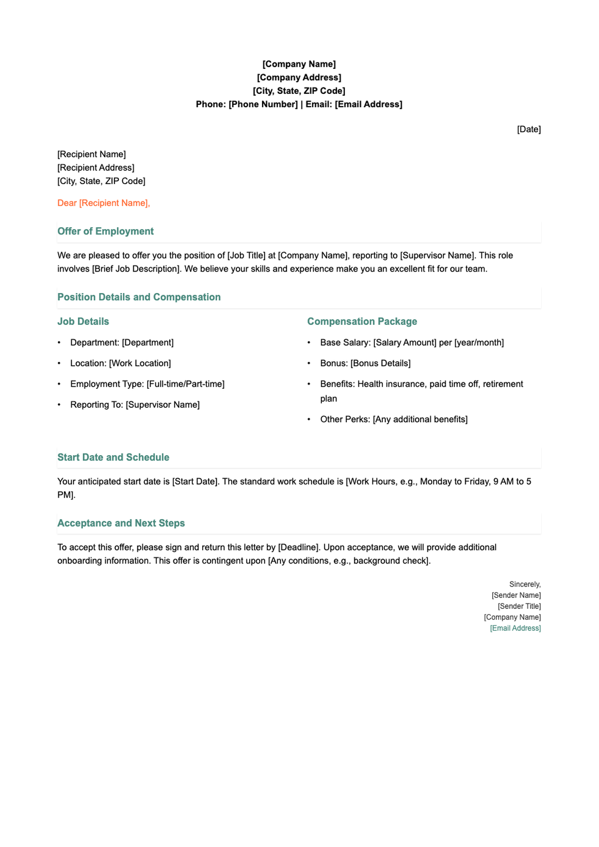 Job offer letter sample template with placeholder fields and compensation details_variant_1